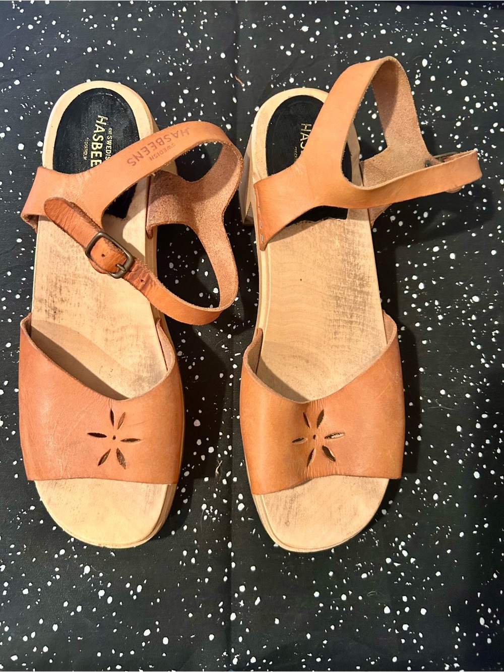 Swedish Hasbeens Tan Leather Floral Cutout Sandals